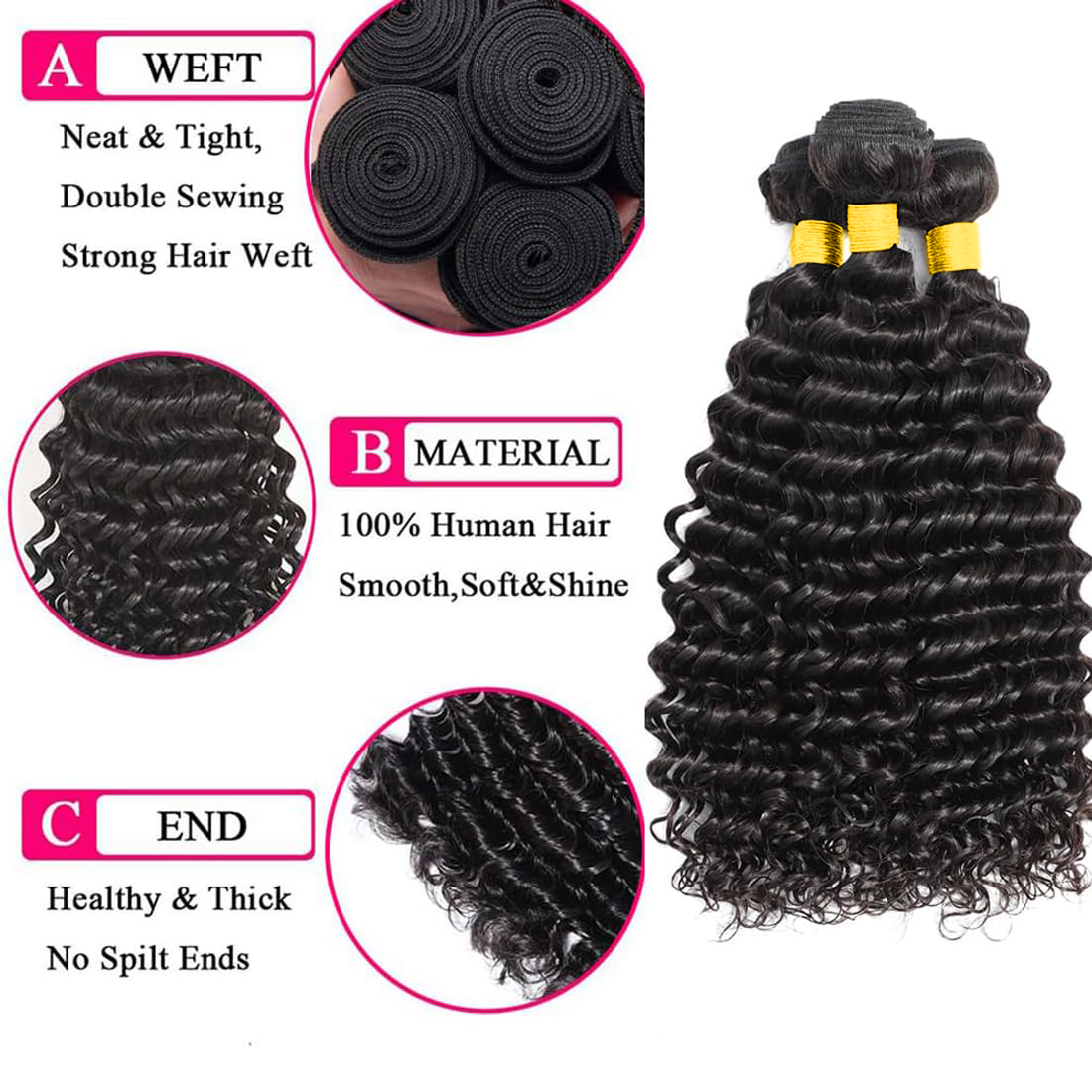 Human Hair Bundles with Closur - đánh giá và giá Deep Wave 3 Bundles With Closure
